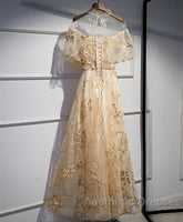 Champagne Tulle Lace Long Evening Prom Dresses, Champagne Formal Dresses, 1